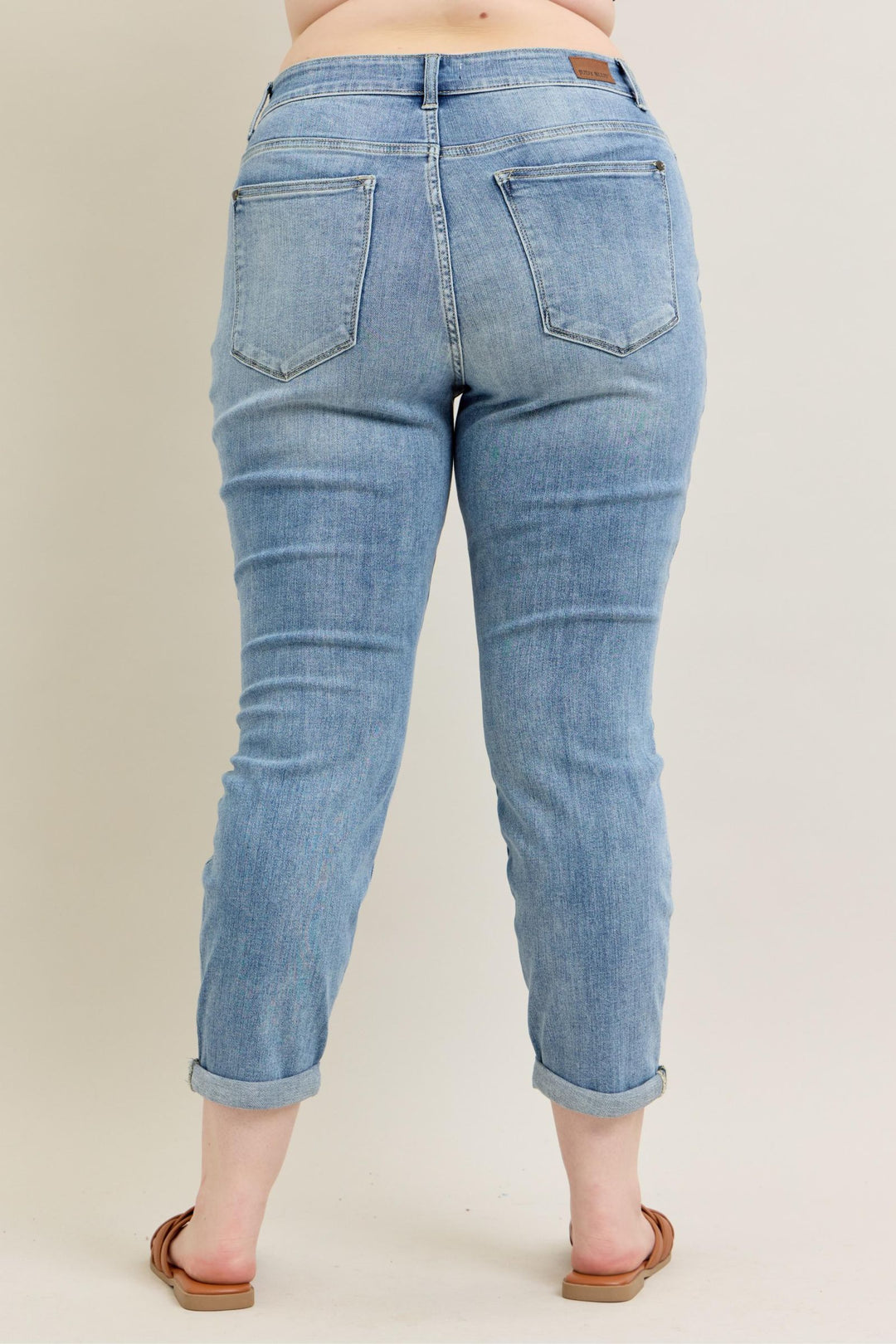 Judy Blue Mid Rise Bleach Wash Cuffed Boyfriend Denim - Plus Size