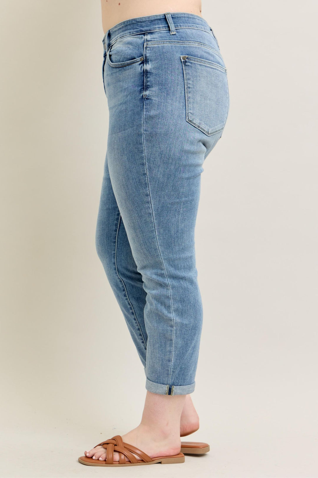 Judy Blue Mid Rise Bleach Wash Cuffed Boyfriend Denim - Plus Size