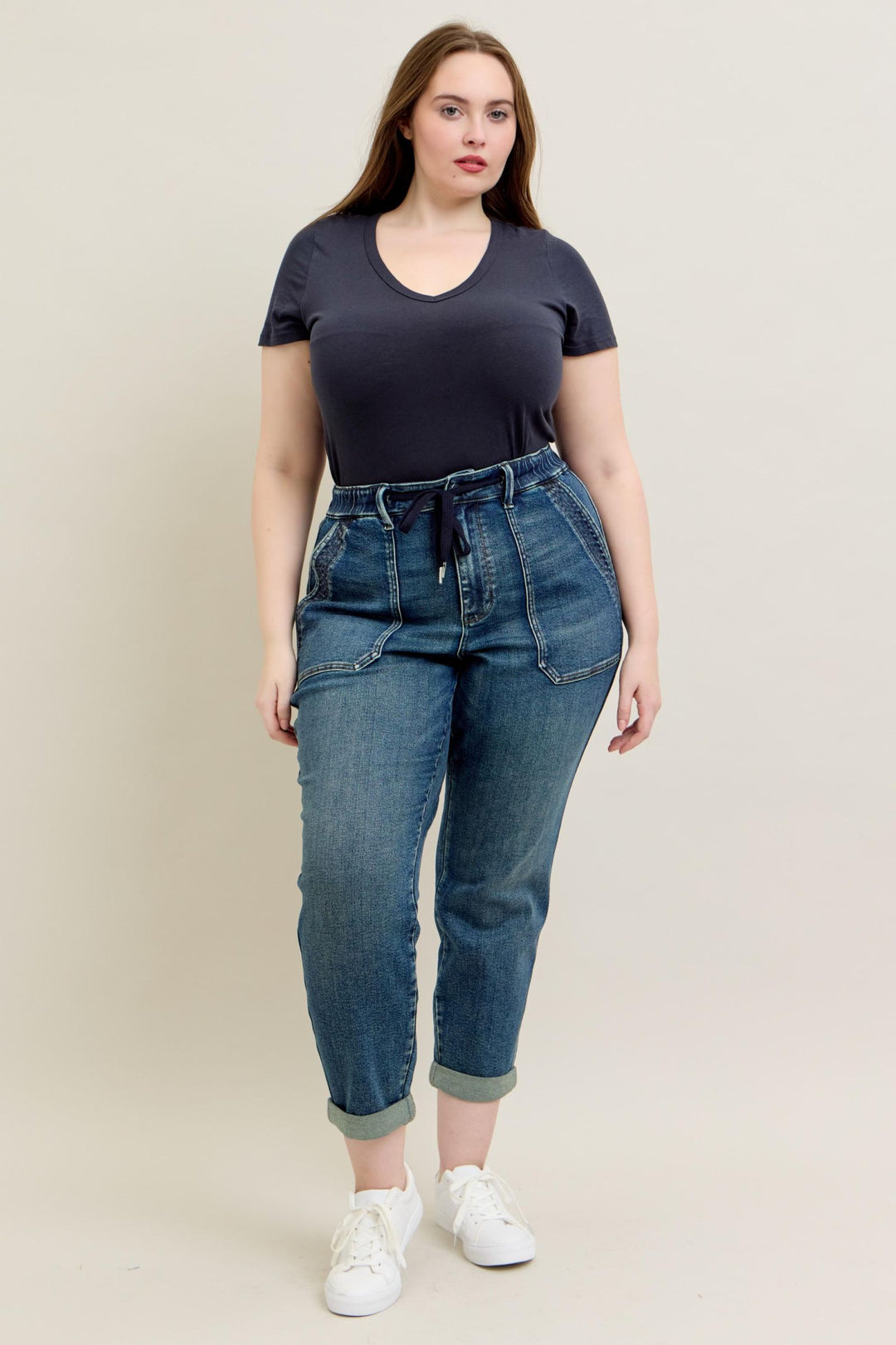 Judy Blue High Waist Vintage Wash Jogger w/ Navy Drawstring - Plus Sizes