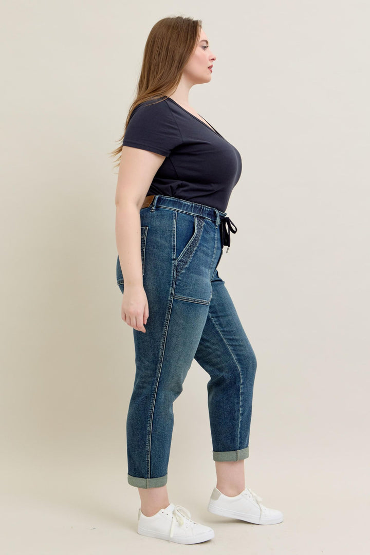 Judy Blue High Waist Vintage Wash Jogger w/ Navy Drawstring - Plus Sizes