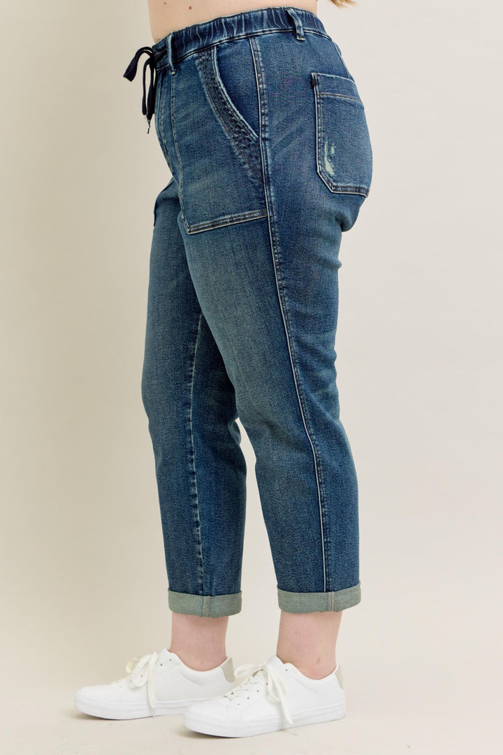 Judy Blue High Waist Vintage Wash Jogger w/ Navy Drawstring - Plus Sizes