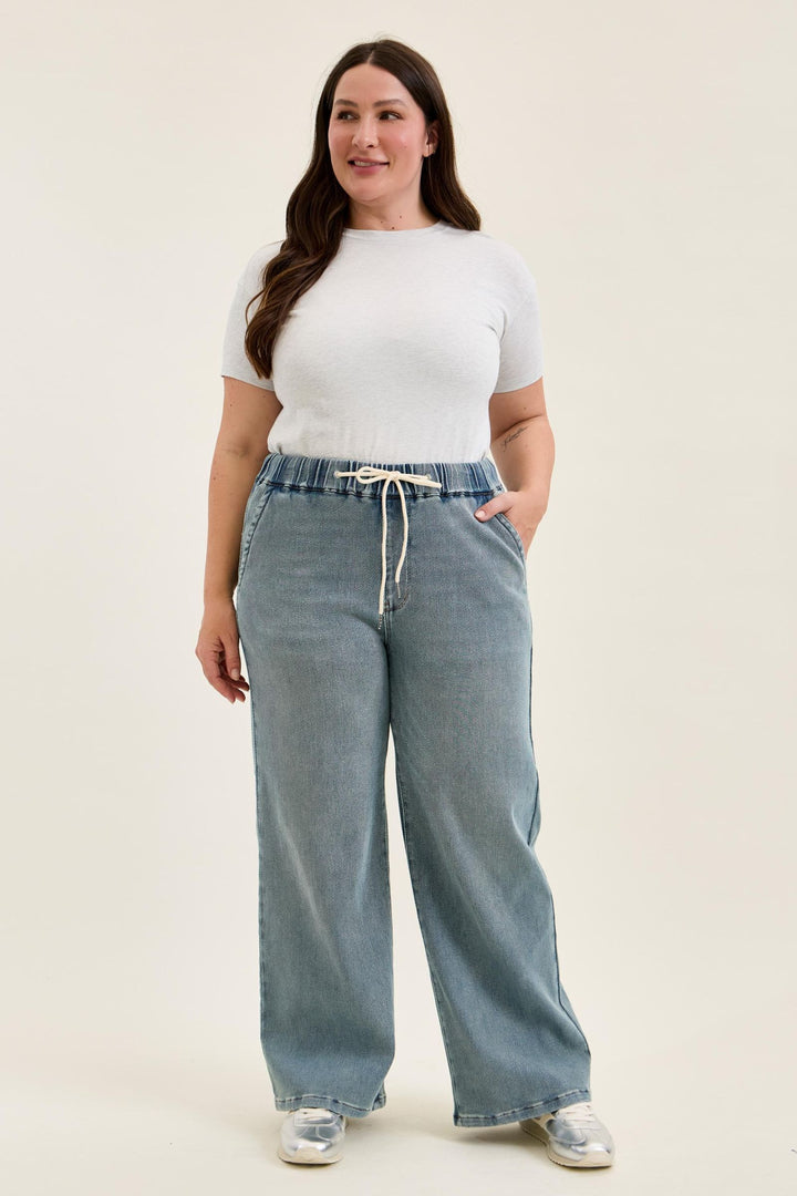 Judy Blue High Waist WILHELMINA Baggy MD Aged Stone Blue (Knit Indigo) - Plus Sizes