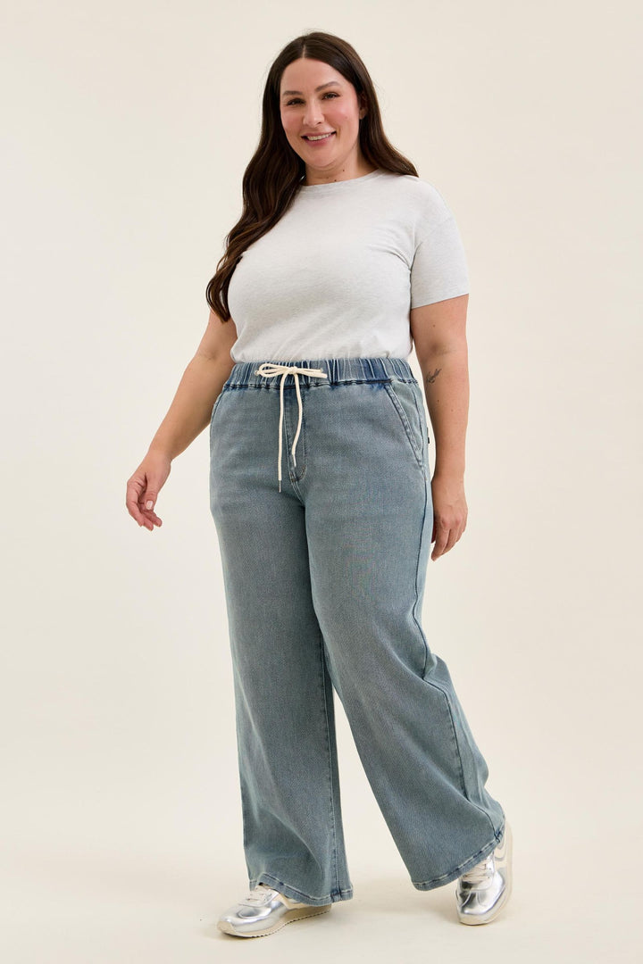 Judy Blue High Waist WILHELMINA Baggy MD Aged Stone Blue (Knit Indigo) - Plus Sizes