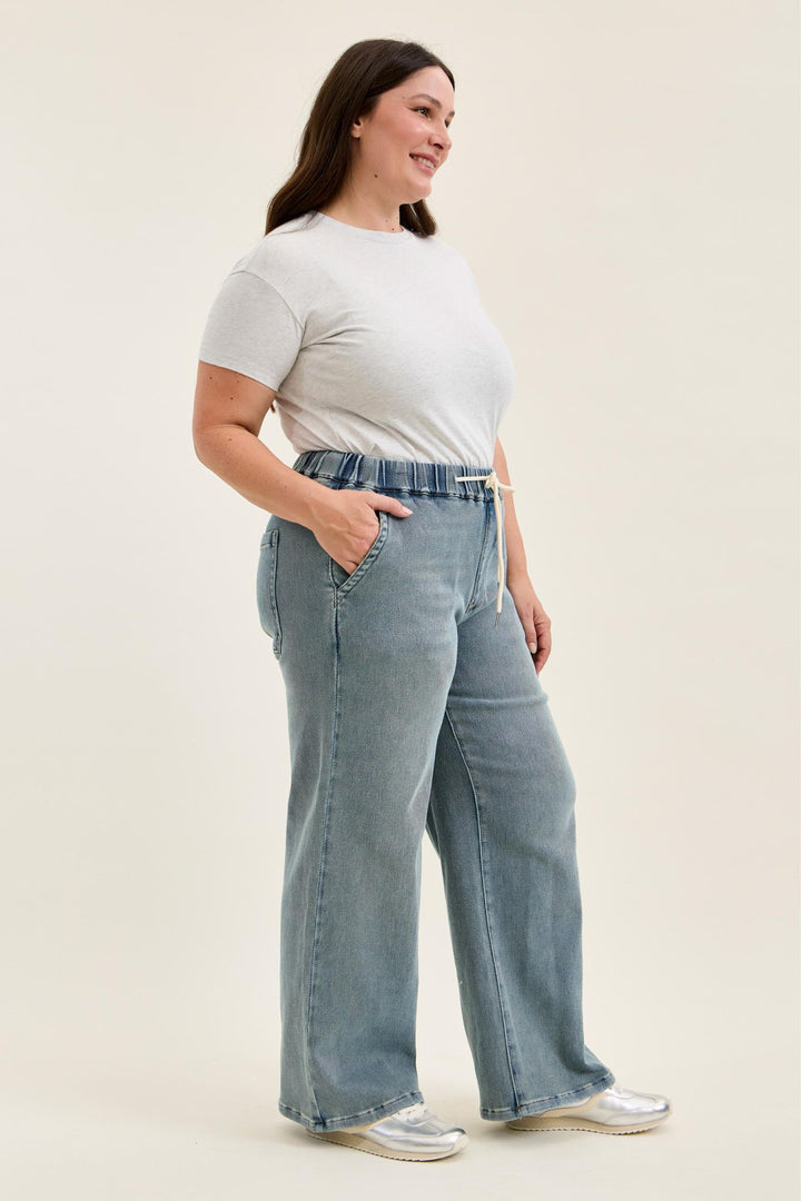 Judy Blue High Waist WILHELMINA Baggy MD Aged Stone Blue (Knit Indigo) - Plus Sizes
