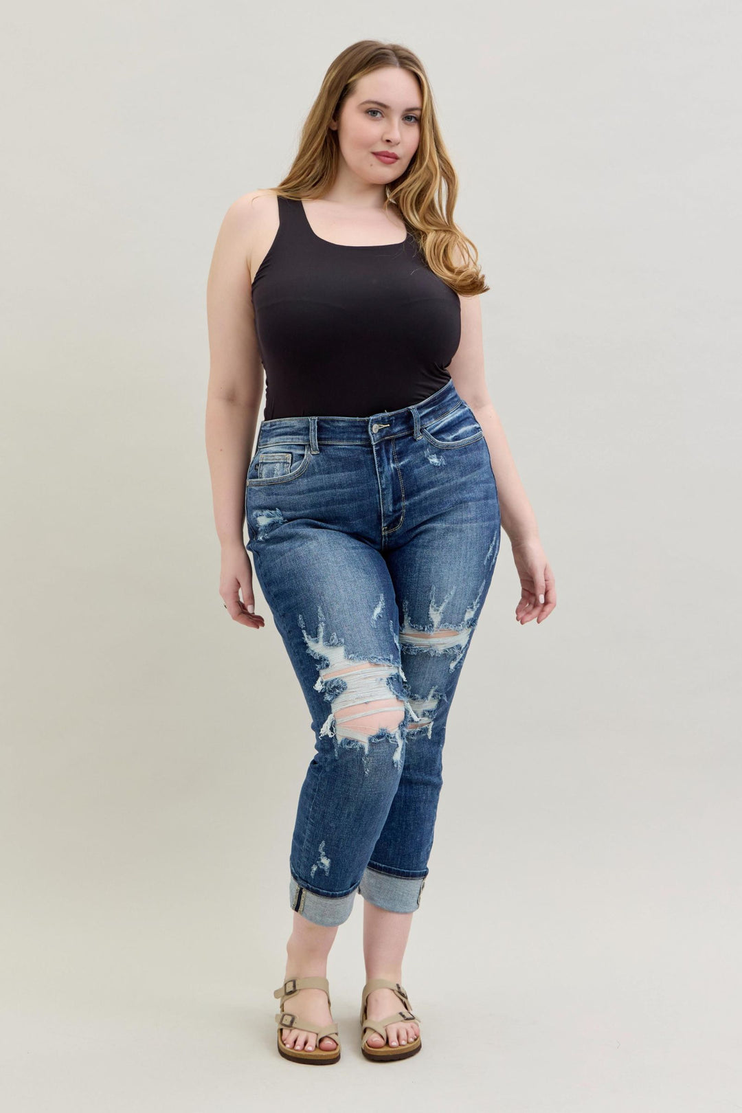 Judy Blue Mid Rise Cuffed/Uncuffed Destroy Boyfriend Jean - Plus Sizes