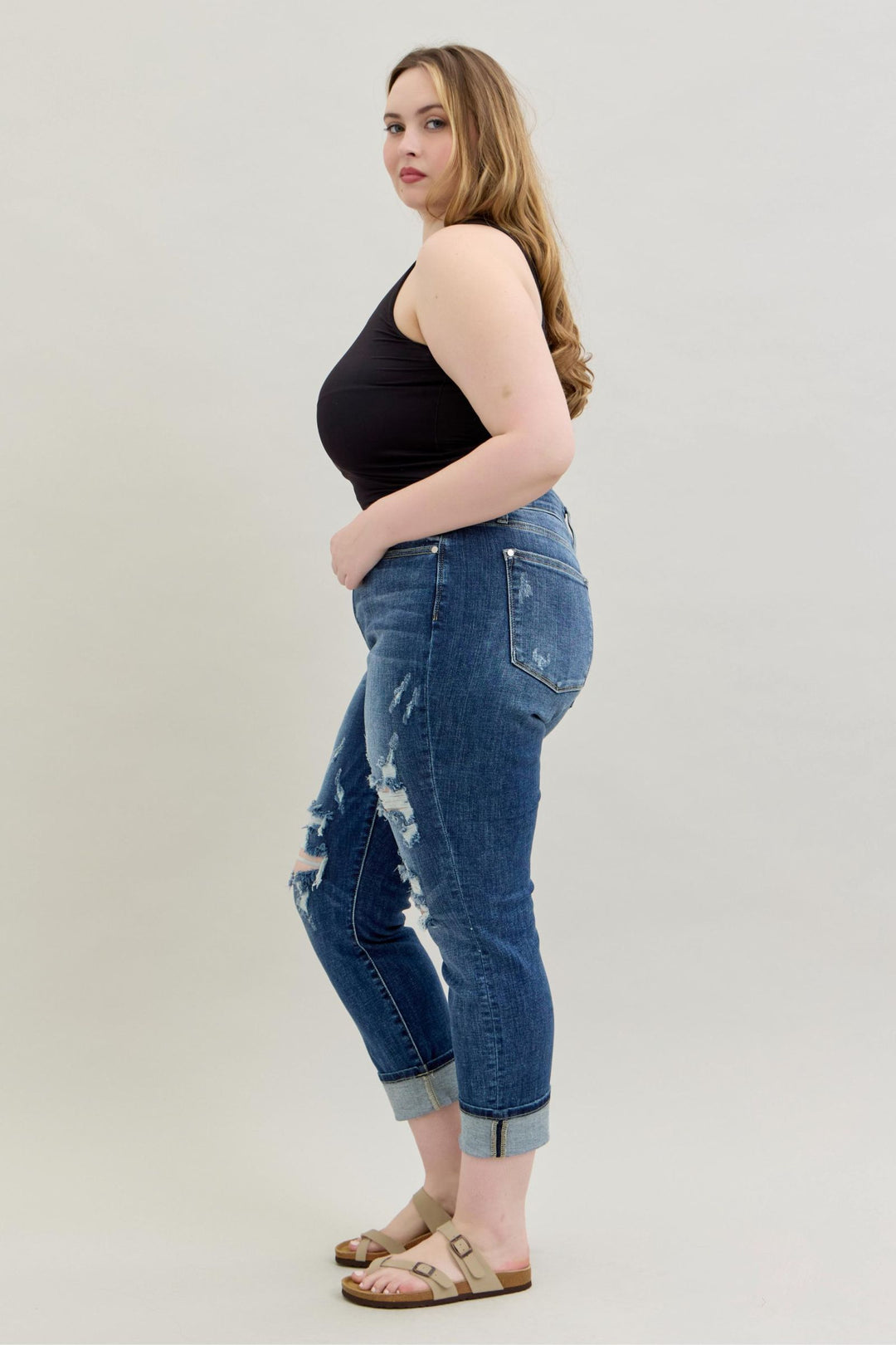 Judy Blue Mid Rise Cuffed/Uncuffed Destroy Boyfriend Jean - Plus Sizes