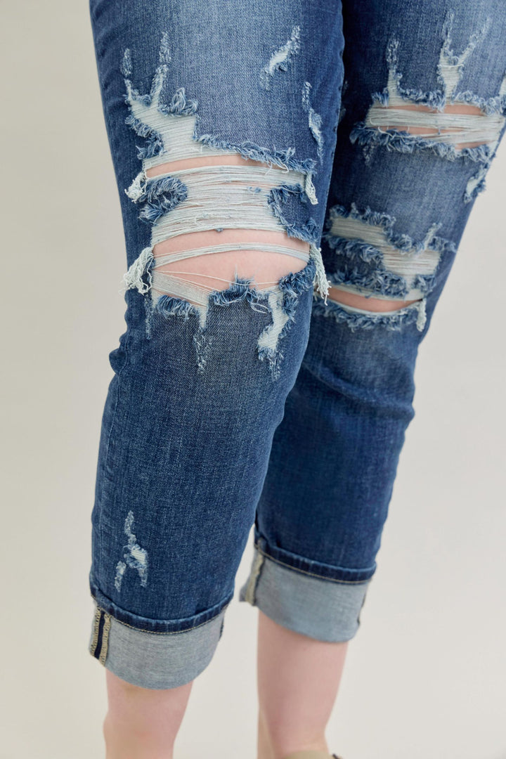 Judy Blue Mid Rise Cuffed/Uncuffed Destroy Boyfriend Jean - Plus Sizes