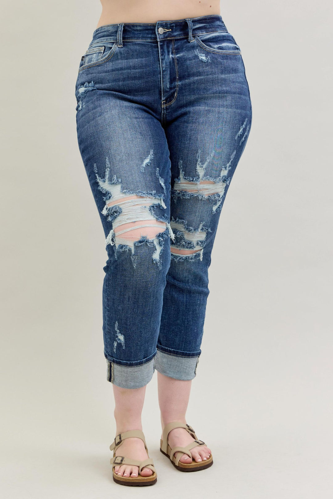 Judy Blue Mid Rise Cuffed/Uncuffed Destroy Boyfriend Jean - Plus Sizes