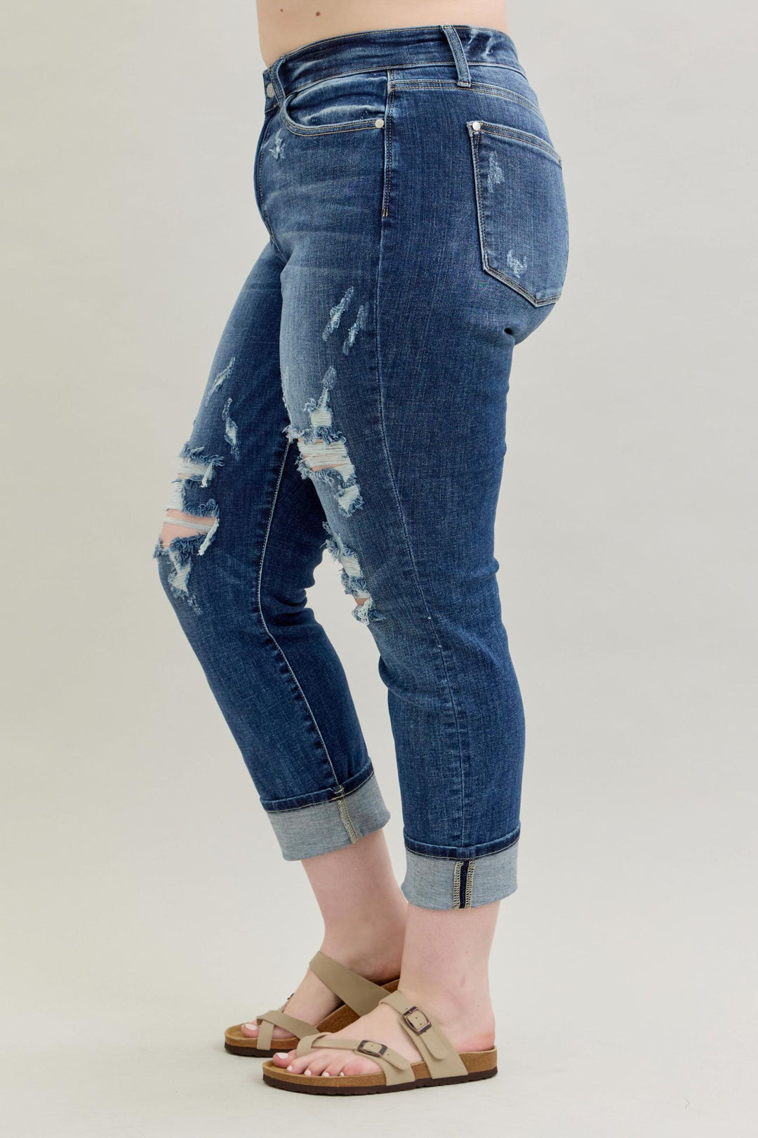 Judy Blue Mid Rise Cuffed/Uncuffed Destroy Boyfriend Jean - Plus Sizes