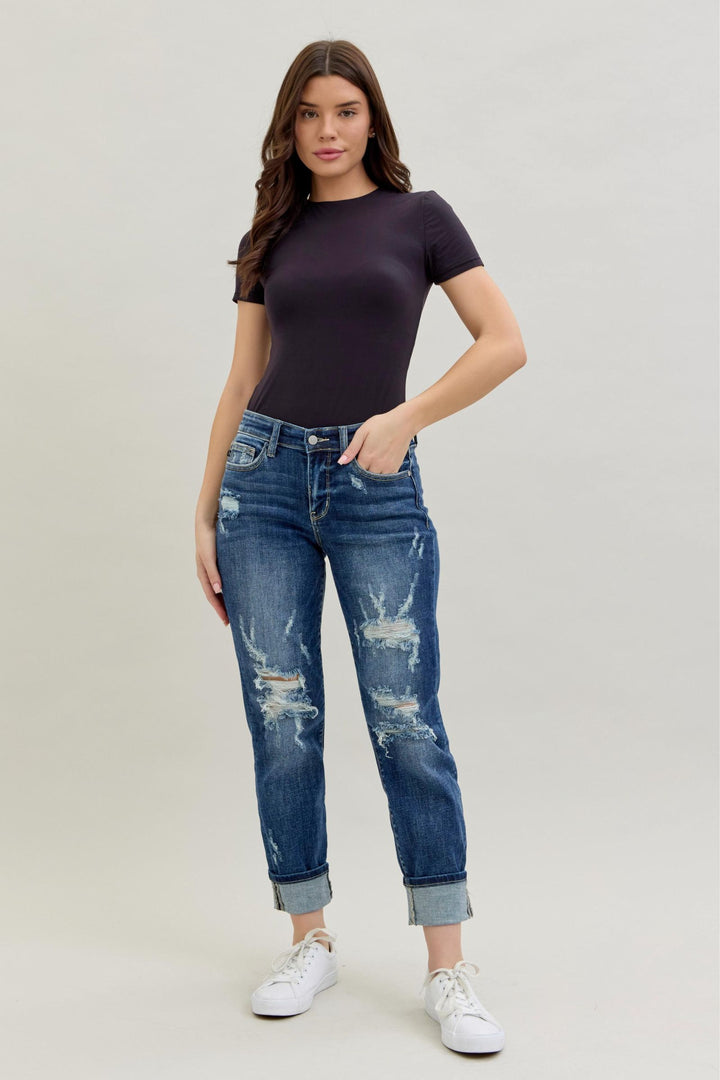 Judy Blue Midrise Cuffed/Uncuffed Destroy Boyfriend Jeans