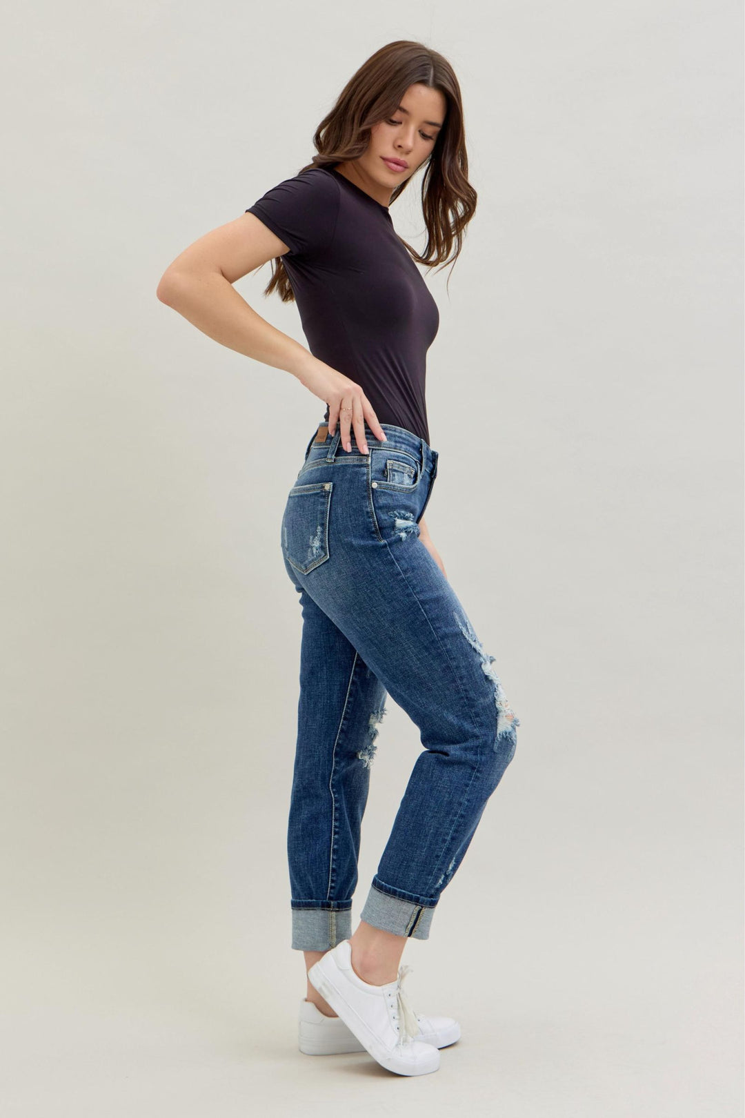 Judy Blue Midrise Cuffed/Uncuffed Destroy Boyfriend Jeans