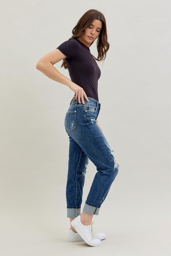 Judy Blue Midrise Cuffed/Uncuffed Destroy Boyfriend Jeans