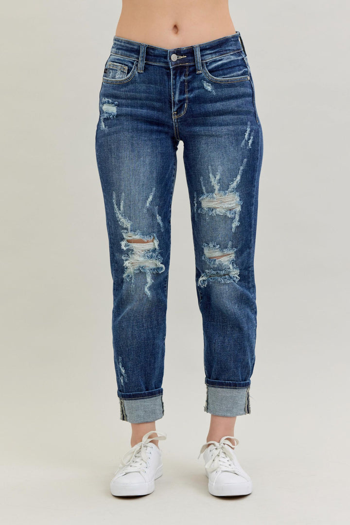 Judy Blue Midrise Cuffed/Uncuffed Destroy Boyfriend Jeans