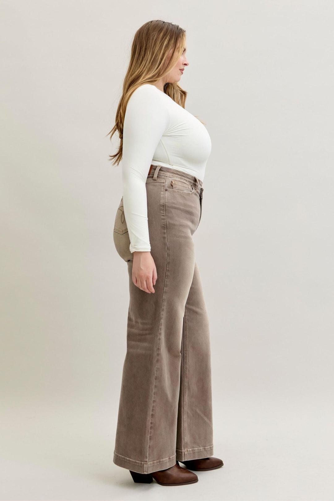 Judy Blue High Waist Retro Wide Yarned Dyed Criss-Cross Waistband - CLAY - Plus Sizes