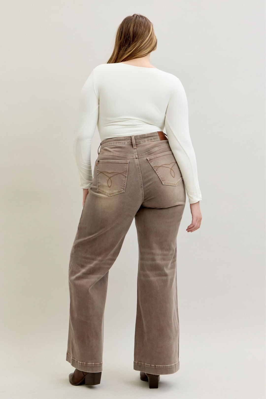 Judy Blue High Waist Retro Wide Yarned Dyed Criss-Cross Waistband - CLAY - Plus Sizes