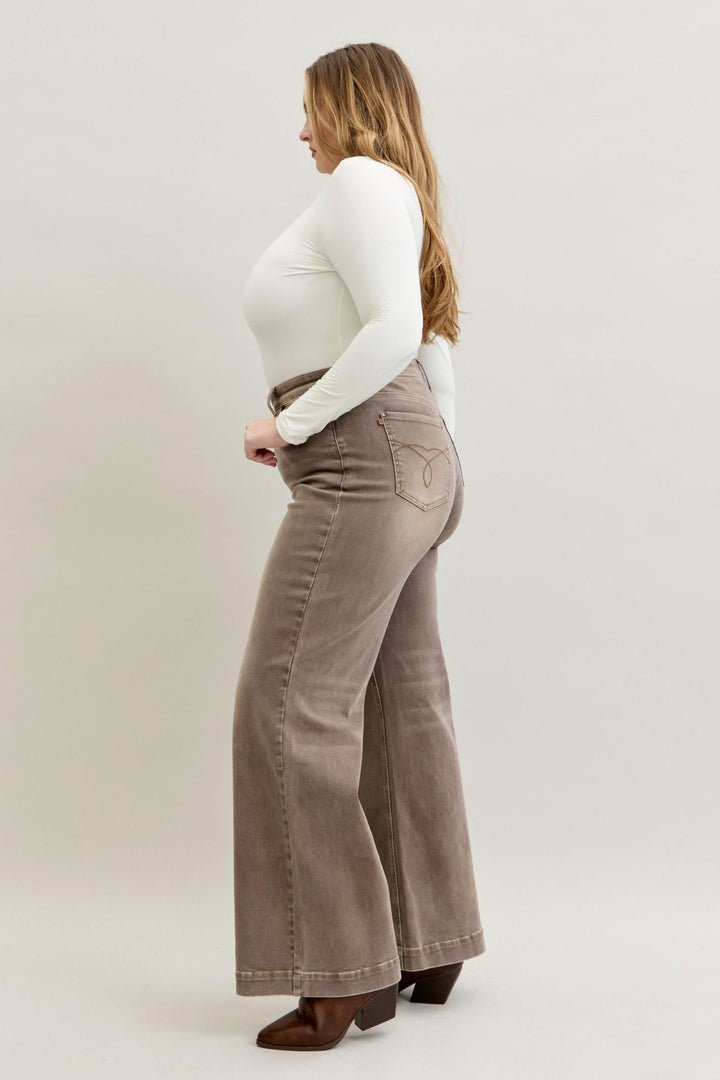 Judy Blue High Waist Retro Wide Yarned Dyed Criss-Cross Waistband - CLAY - Plus Sizes