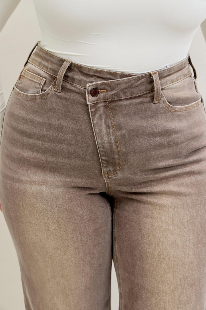 Judy Blue High Waist Retro Wide Yarned Dyed Criss-Cross Waistband - CLAY - Plus Sizes