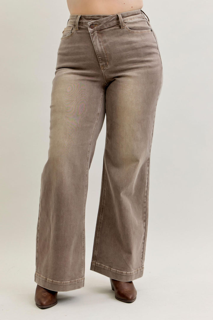 Judy Blue High Waist Retro Wide Yarned Dyed Criss-Cross Waistband - CLAY - Plus Sizes