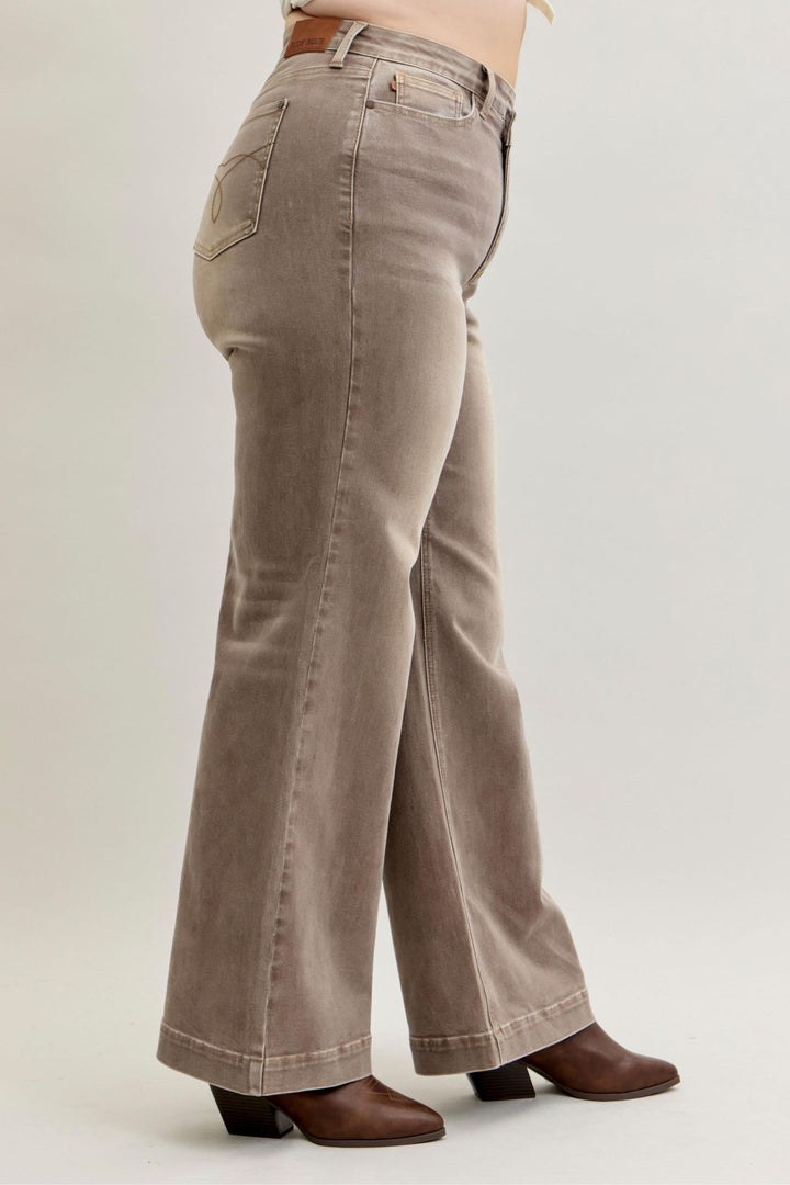 Judy Blue High Waist Retro Wide Yarned Dyed Criss-Cross Waistband - CLAY - Plus Sizes