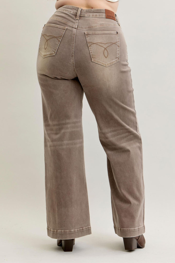 Judy Blue High Waist Retro Wide Yarned Dyed Criss-Cross Waistband - CLAY - Plus Sizes