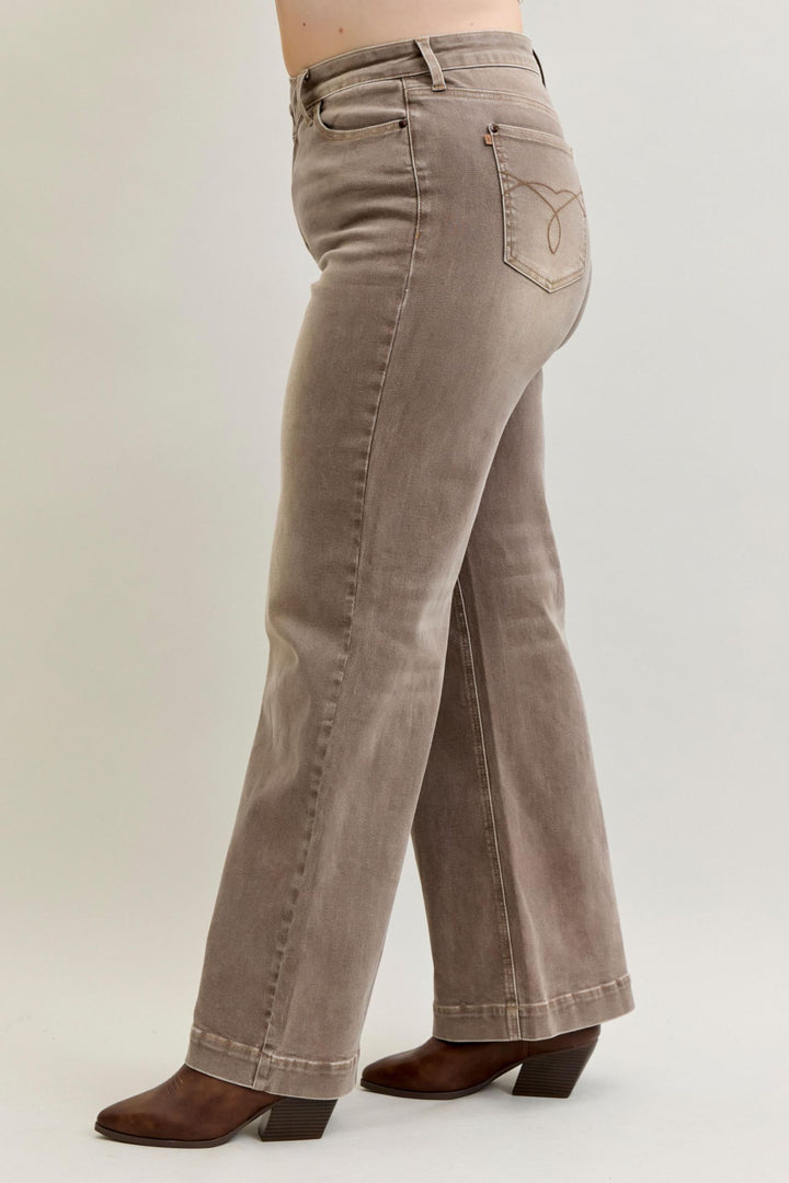 Judy Blue High Waist Retro Wide Yarned Dyed Criss-Cross Waistband - CLAY - Plus Sizes