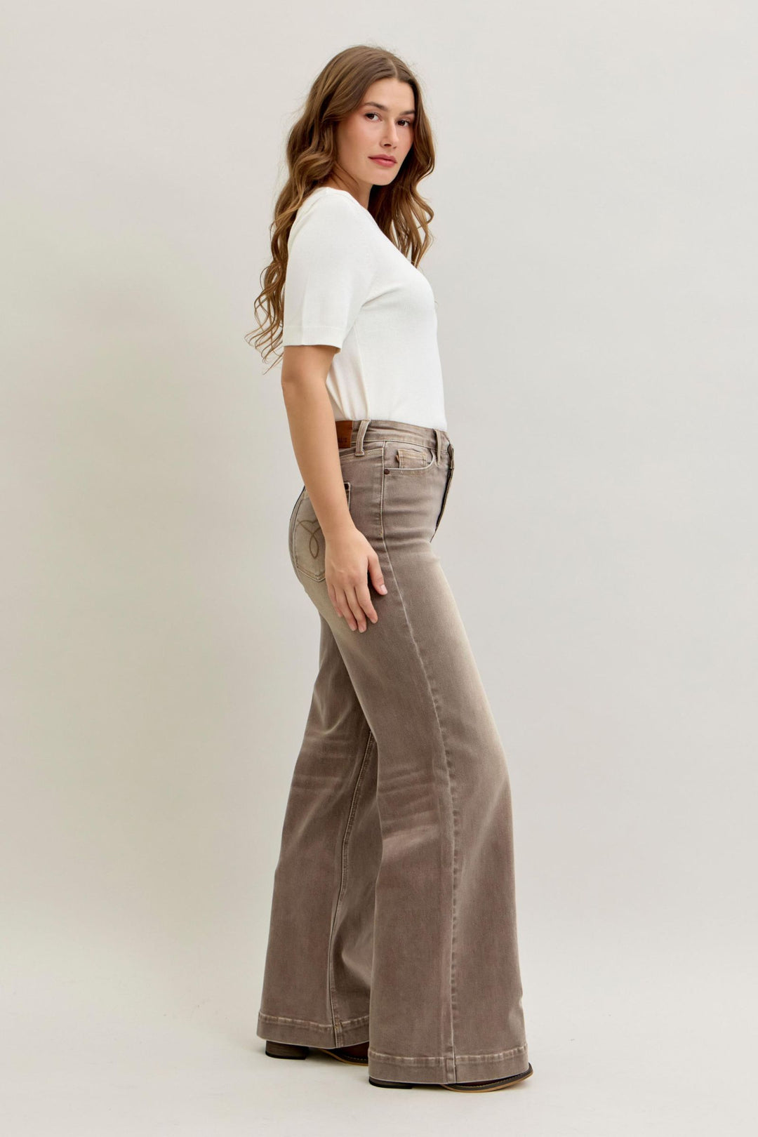 Judy Blue High Waist Retro Wide Yarned Dyed Criss-Cross Waistband - CLAY