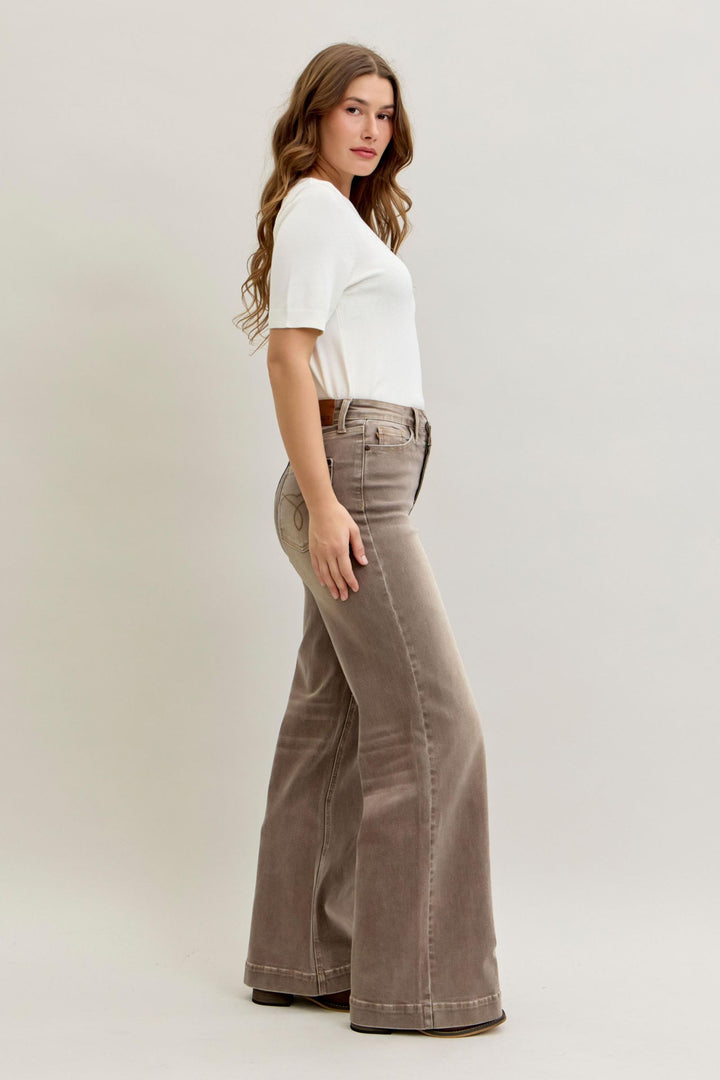 Judy Blue High Waist Retro Wide Yarned Dyed Criss-Cross Waistband - CLAY