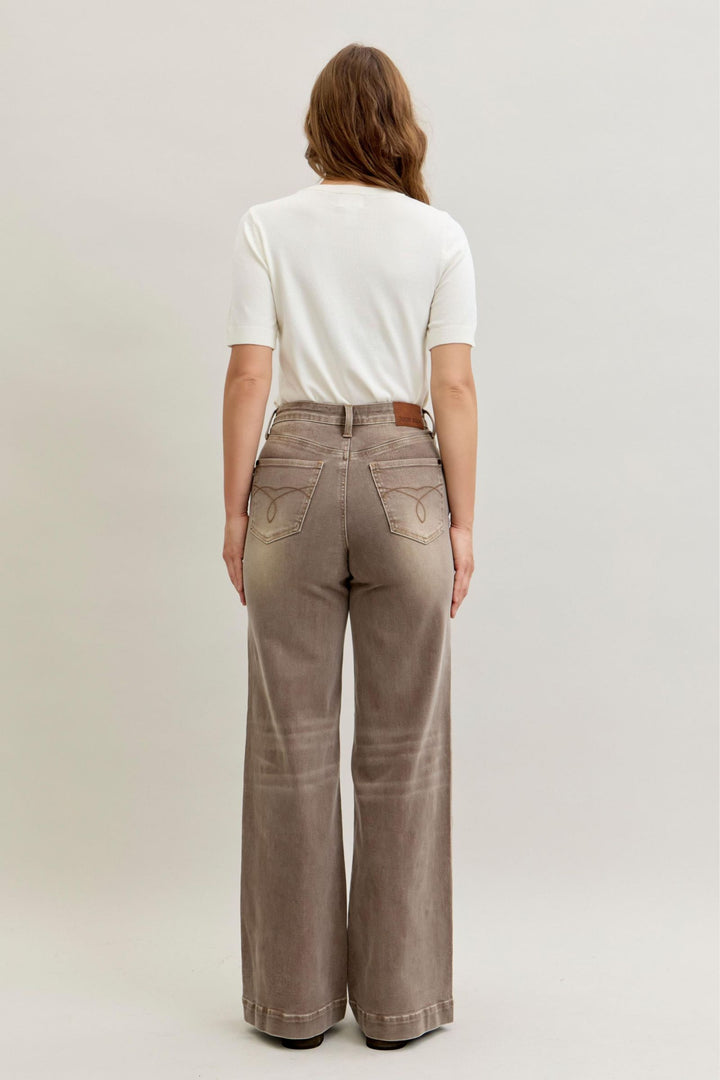 Judy Blue High Waist Retro Wide Yarned Dyed Criss-Cross Waistband - CLAY