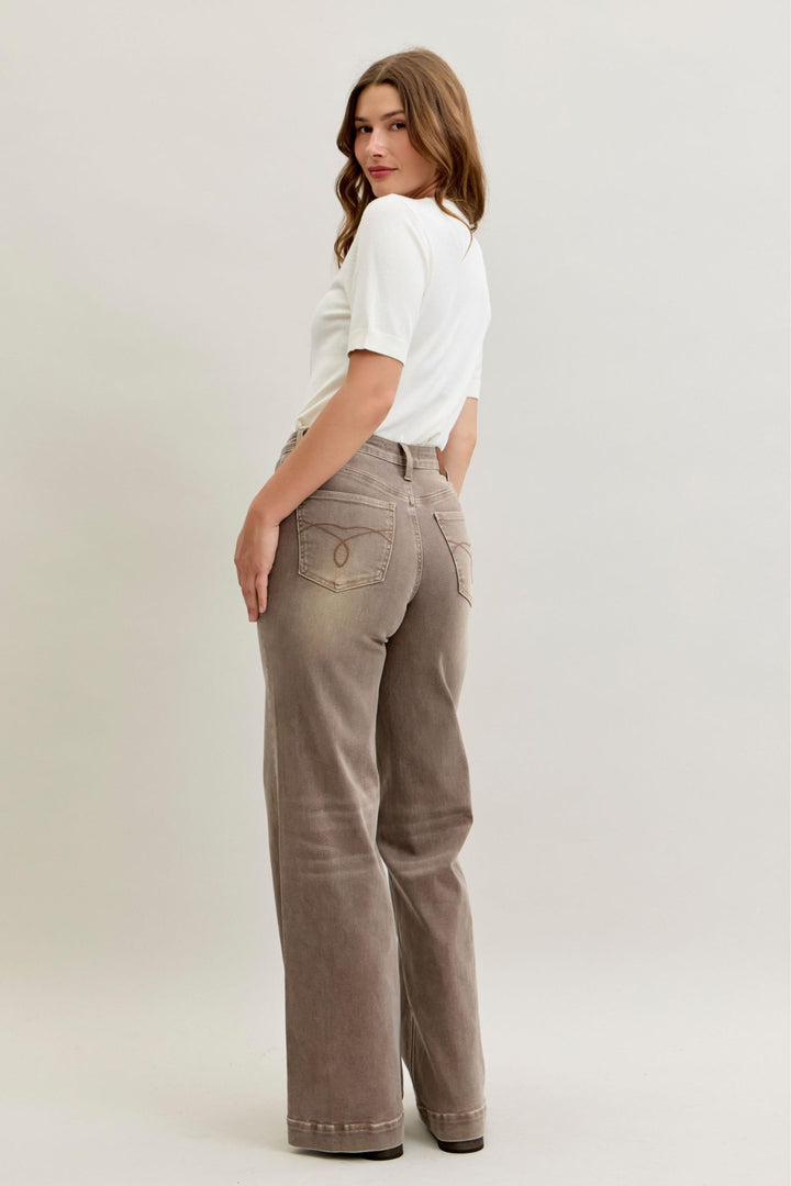 Judy Blue High Waist Retro Wide Yarned Dyed Criss-Cross Waistband - CLAY