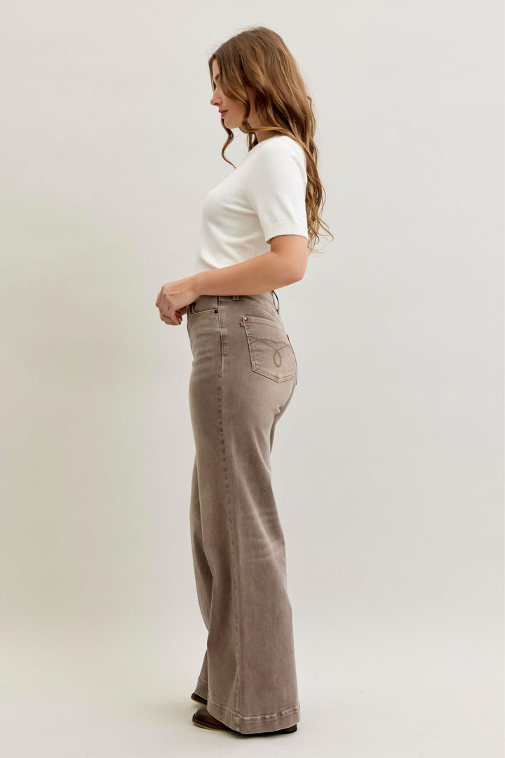 Judy Blue High Waist Retro Wide Yarned Dyed Criss-Cross Waistband - CLAY