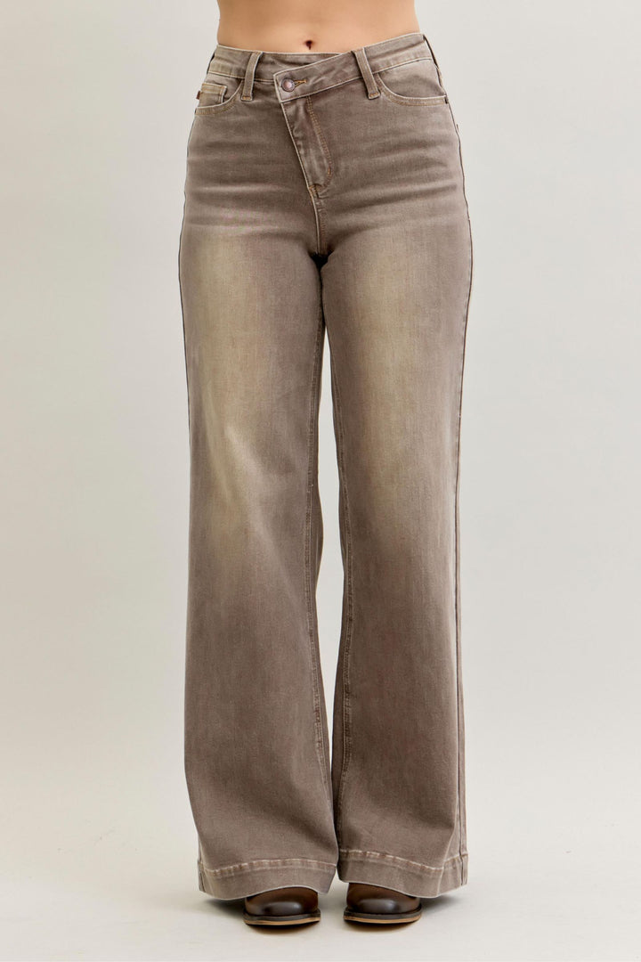 Judy Blue High Waist Retro Wide Yarned Dyed Criss-Cross Waistband - CLAY