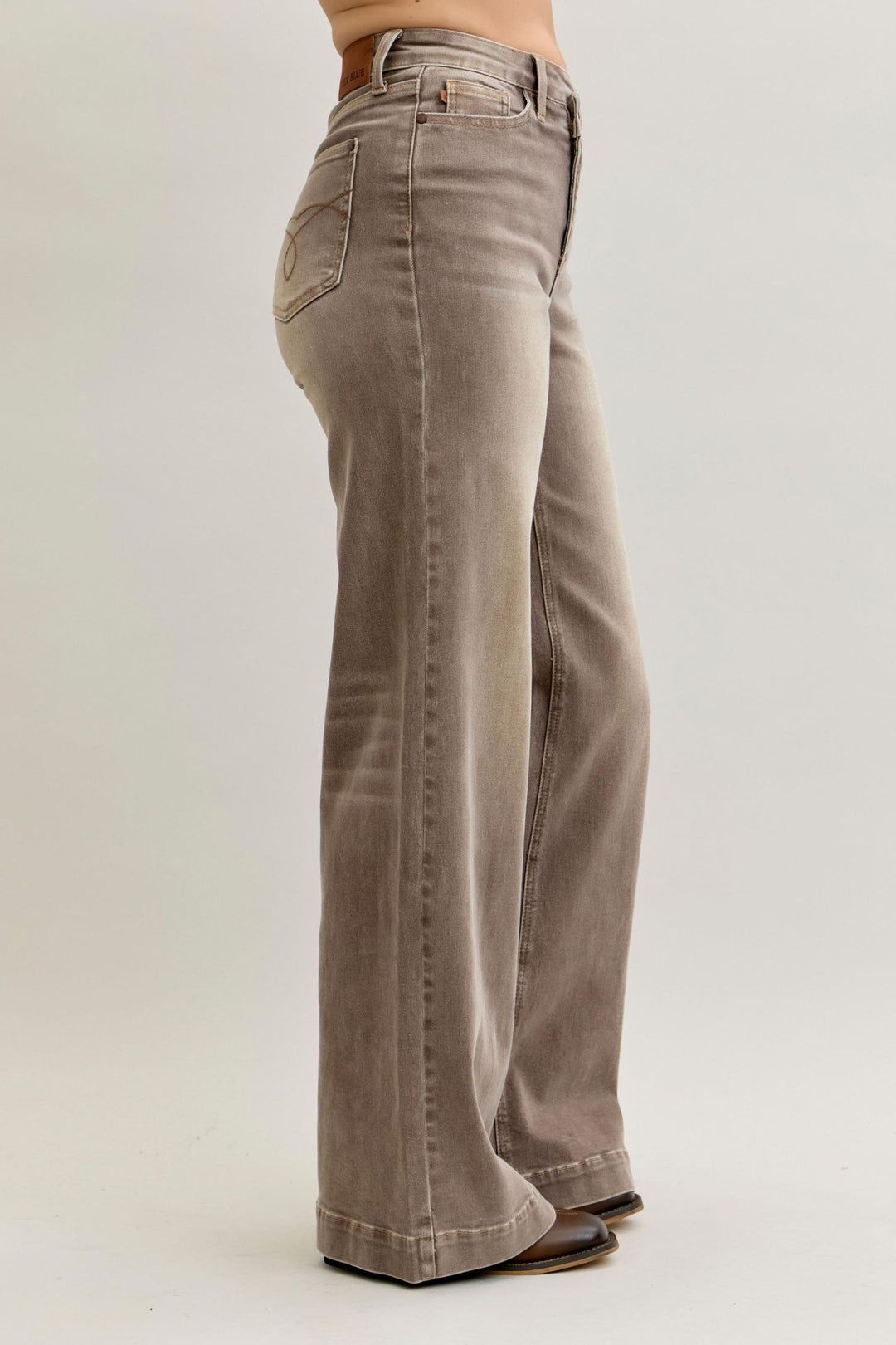 Judy Blue High Waist Retro Wide Yarned Dyed Criss-Cross Waistband - CLAY