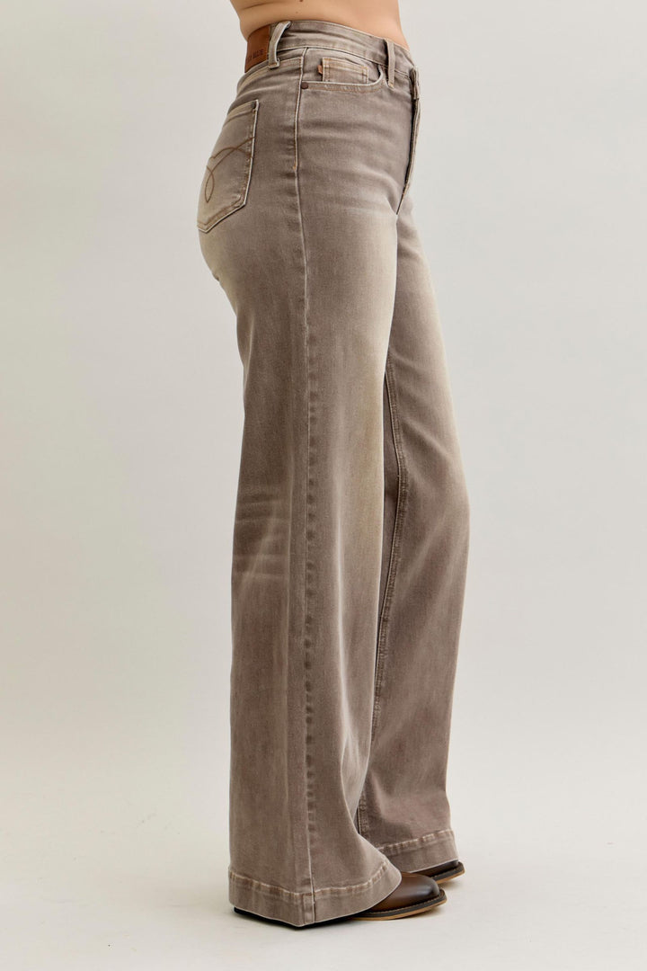 Judy Blue High Waist Retro Wide Yarned Dyed Criss-Cross Waistband - CLAY