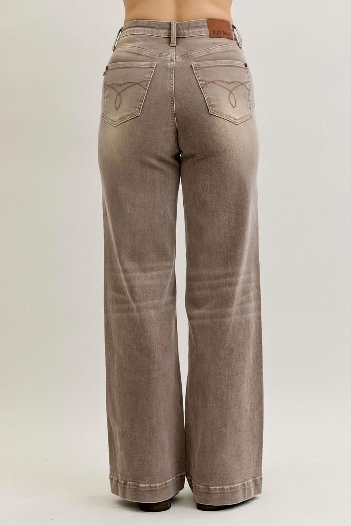 Judy Blue High Waist Retro Wide Yarned Dyed Criss-Cross Waistband - CLAY