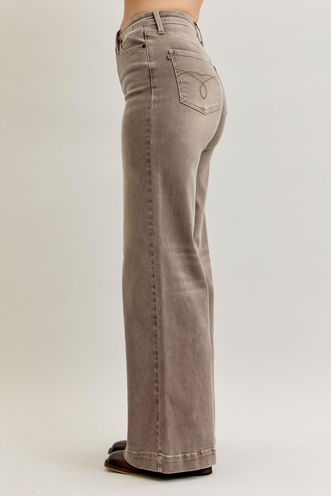 Judy Blue High Waist Retro Wide Yarned Dyed Criss-Cross Waistband - CLAY