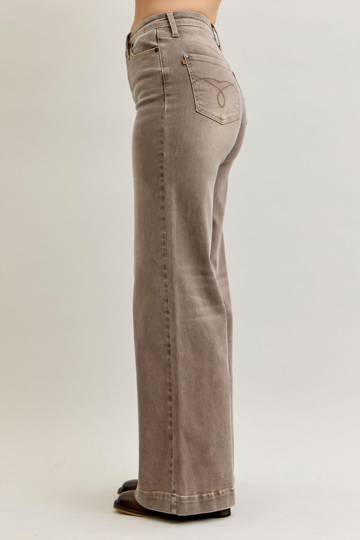 Judy Blue High Waist Retro Wide Yarned Dyed Criss-Cross Waistband - CLAY