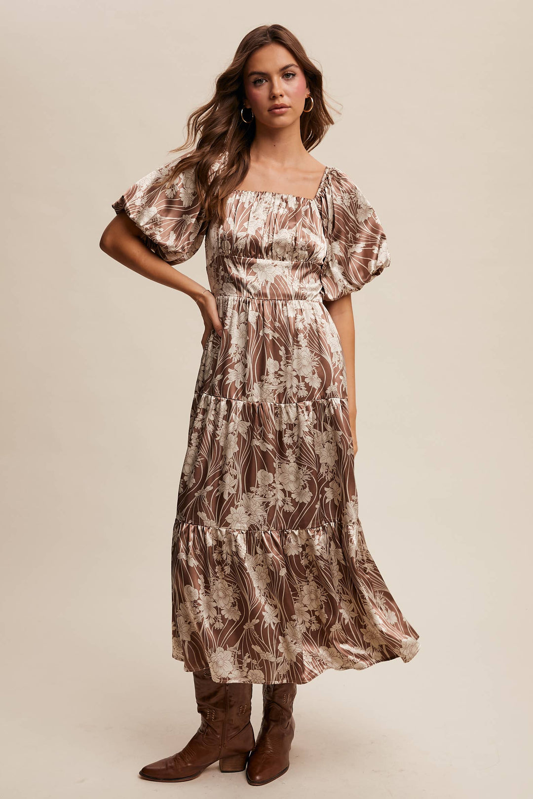 Enchanted Satin Blossom Puff Sleeve Midi Dress