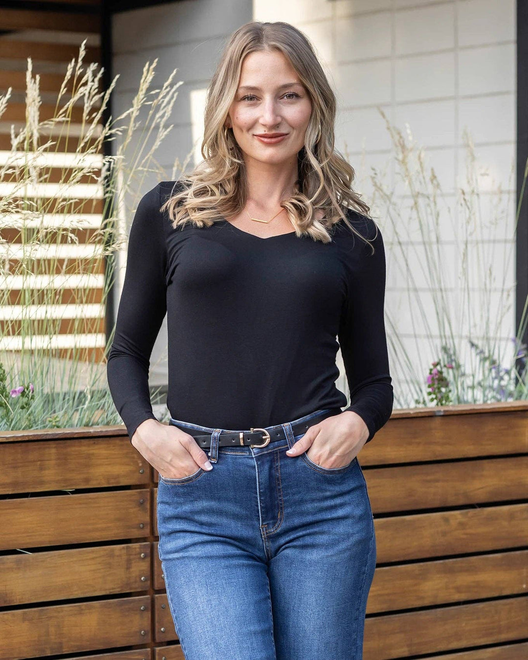 Modal V-Neck Long Sleeve Tee in Black