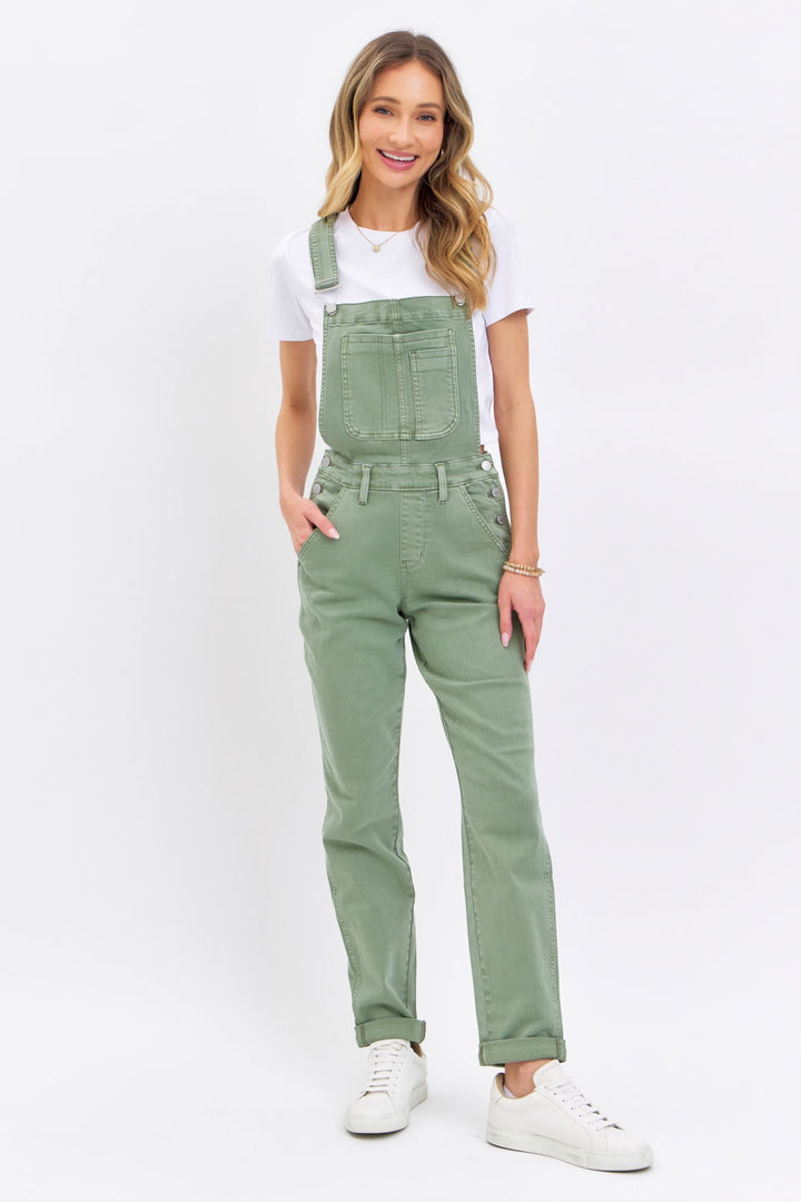 Judy Blue Garment Dyed High Waist Double Cuffed Boyfriend Overalls - Sage Green