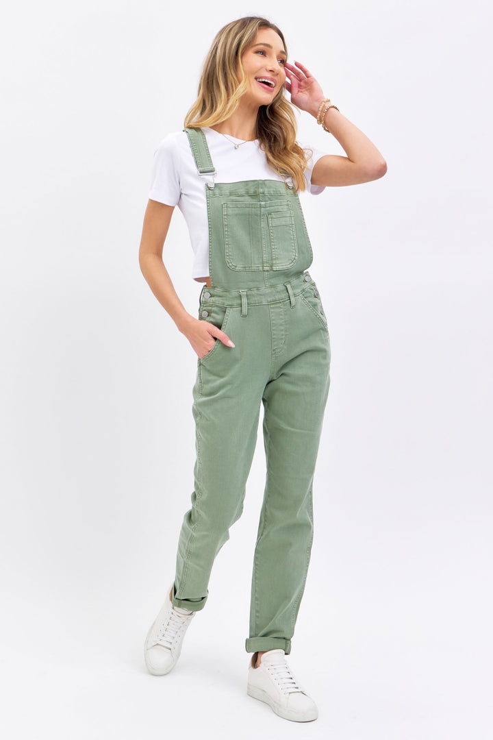 Judy Blue Garment Dyed High Waist Double Cuffed Boyfriend Overalls - Sage Green