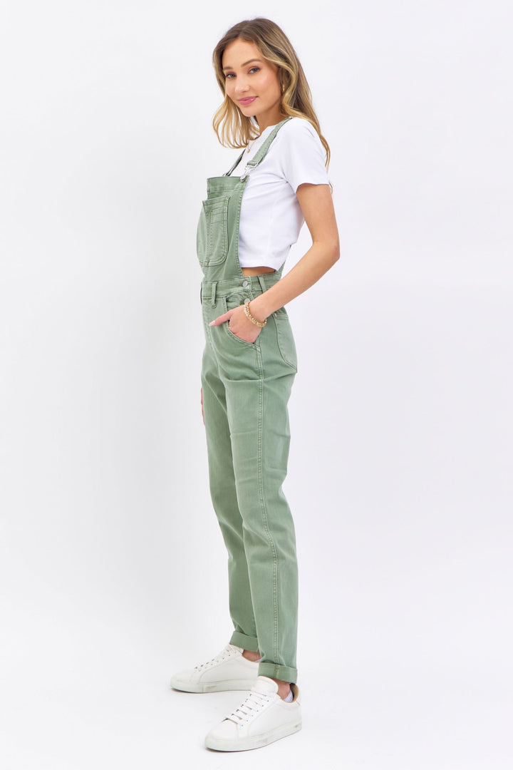 Judy Blue Garment Dyed High Waist Double Cuffed Boyfriend Overalls - Sage Green