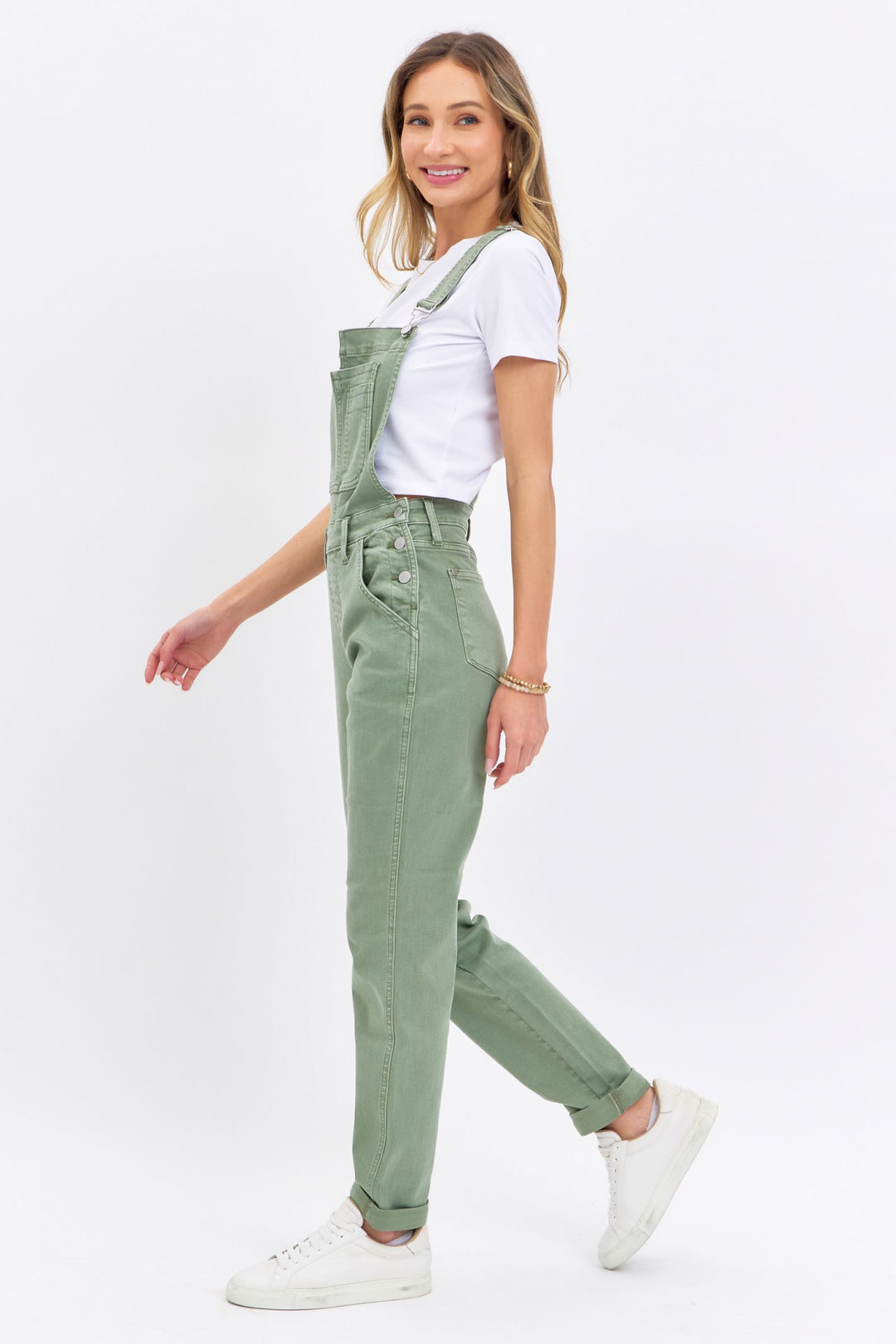 Judy Blue Garment Dyed High Waist Double Cuffed Boyfriend Overalls - Sage Green