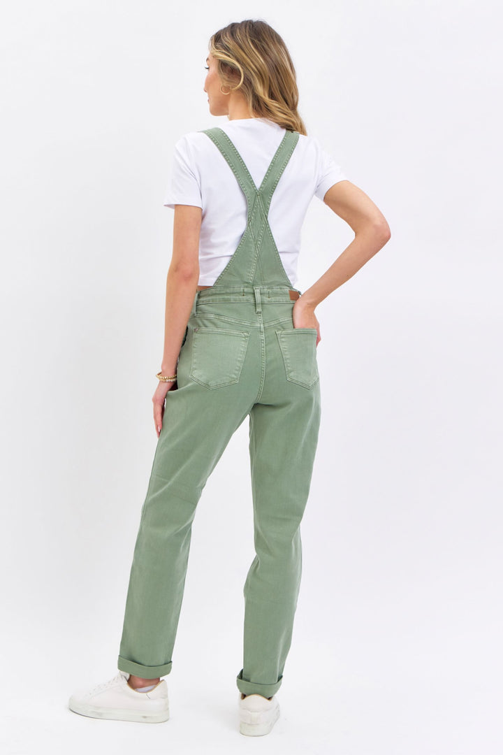 Judy Blue Garment Dyed High Waist Double Cuffed Boyfriend Overalls - Sage Green