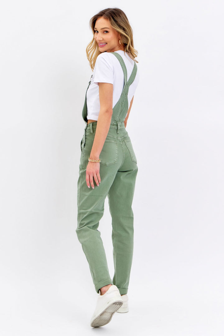 Judy Blue Garment Dyed High Waist Double Cuffed Boyfriend Overalls - Sage Green