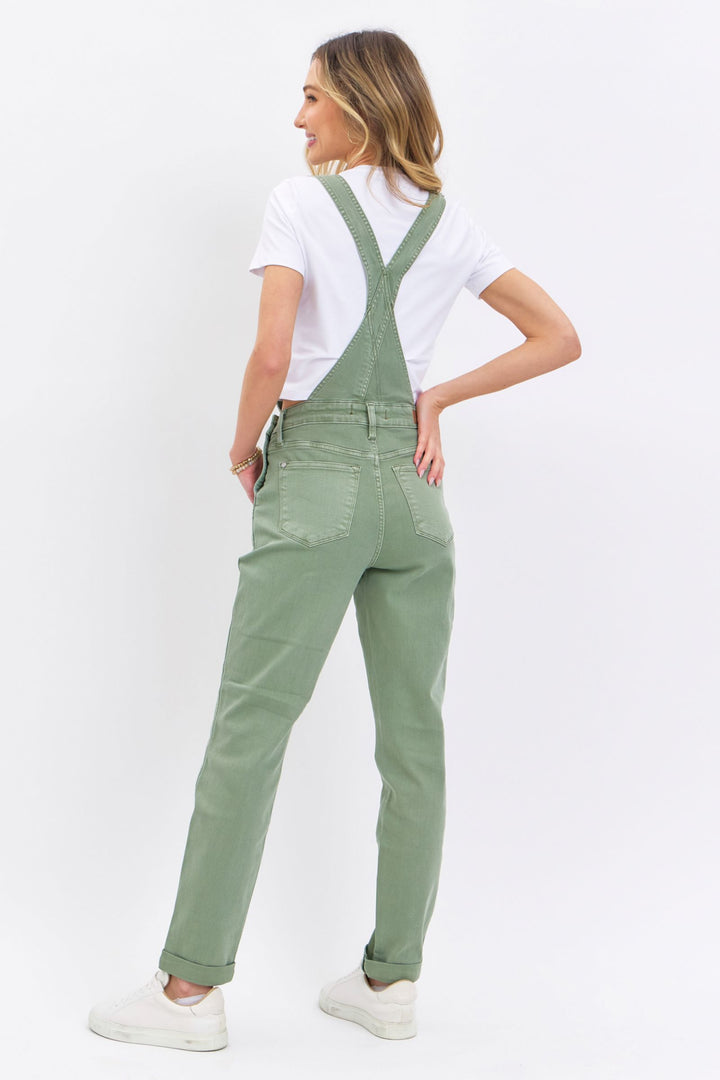 Judy Blue Garment Dyed High Waist Double Cuffed Boyfriend Overalls - Sage Green