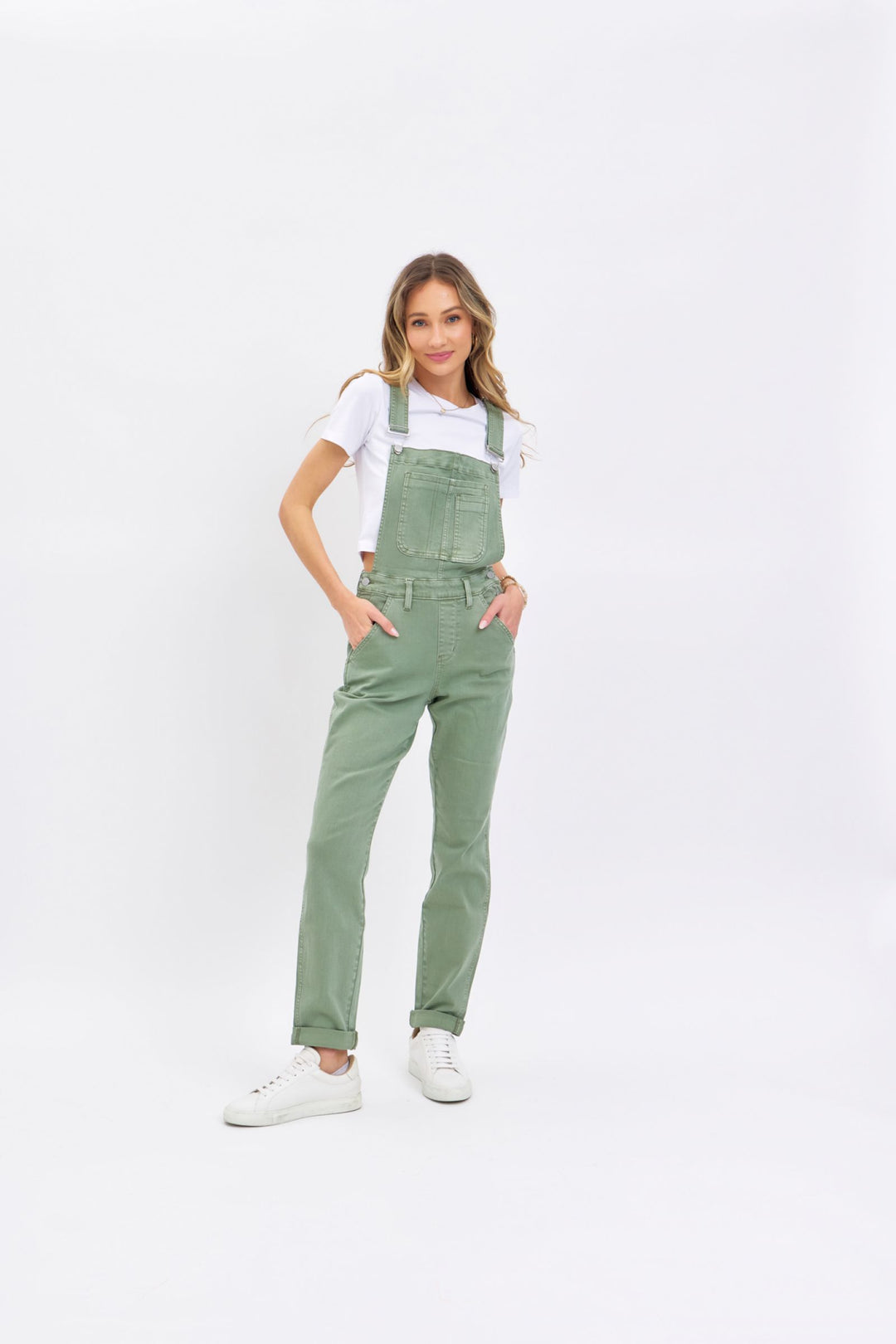 Judy Blue Garment Dyed High Waist Double Cuffed Boyfriend Overalls - Sage Green