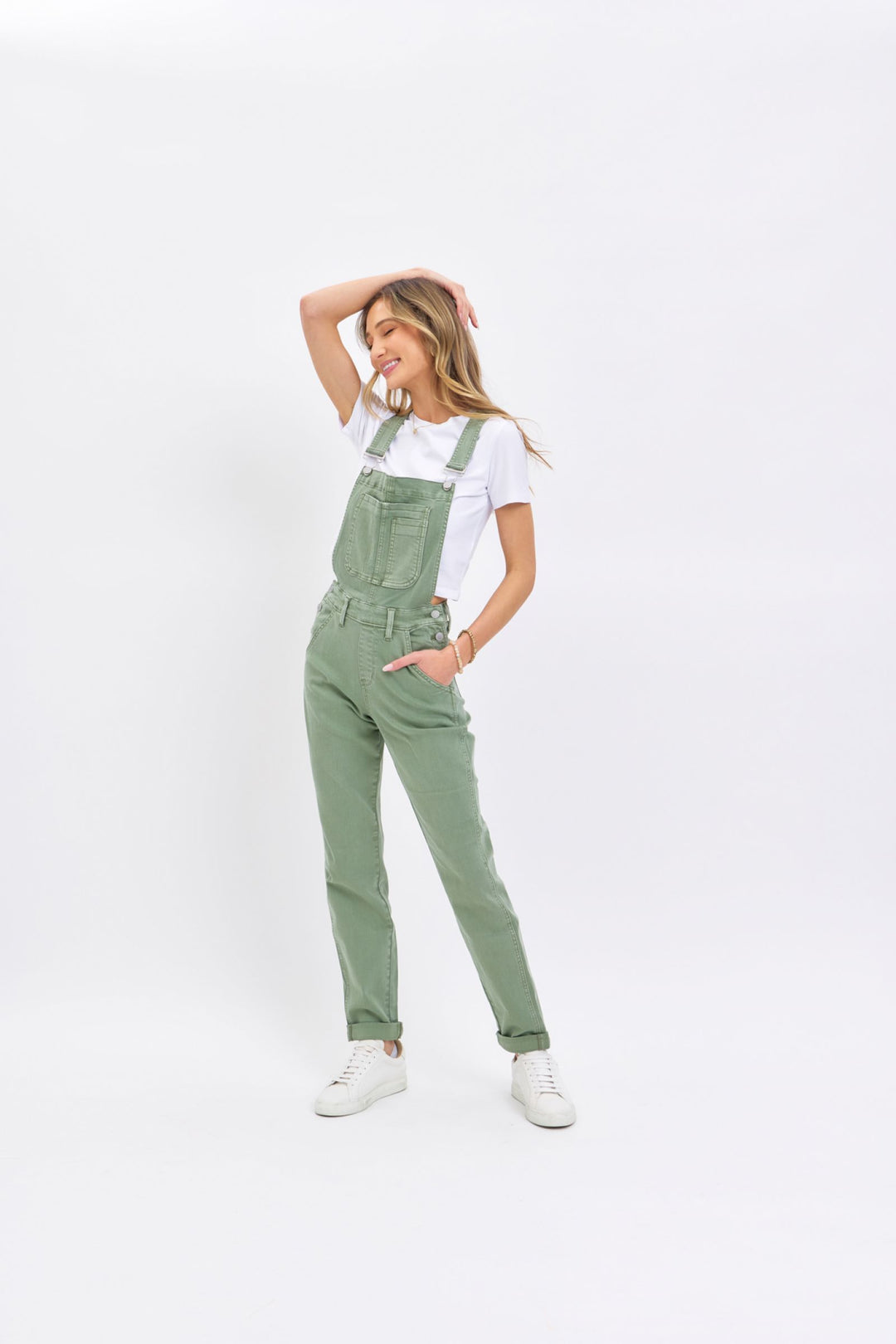 Judy Blue Garment Dyed High Waist Double Cuffed Boyfriend Overalls - Sage Green