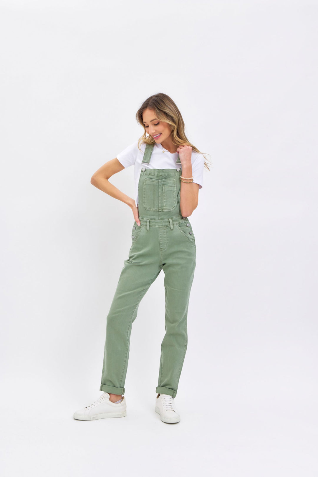 Judy Blue Garment Dyed High Waist Double Cuffed Boyfriend Overalls - Sage Green