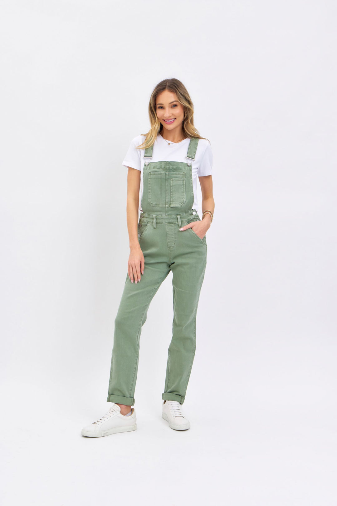 Judy Blue Garment Dyed High Waist Double Cuffed Boyfriend Overalls - Sage Green