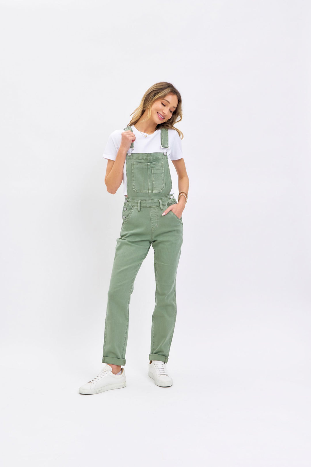 Judy Blue Garment Dyed High Waist Double Cuffed Boyfriend Overalls - Sage Green